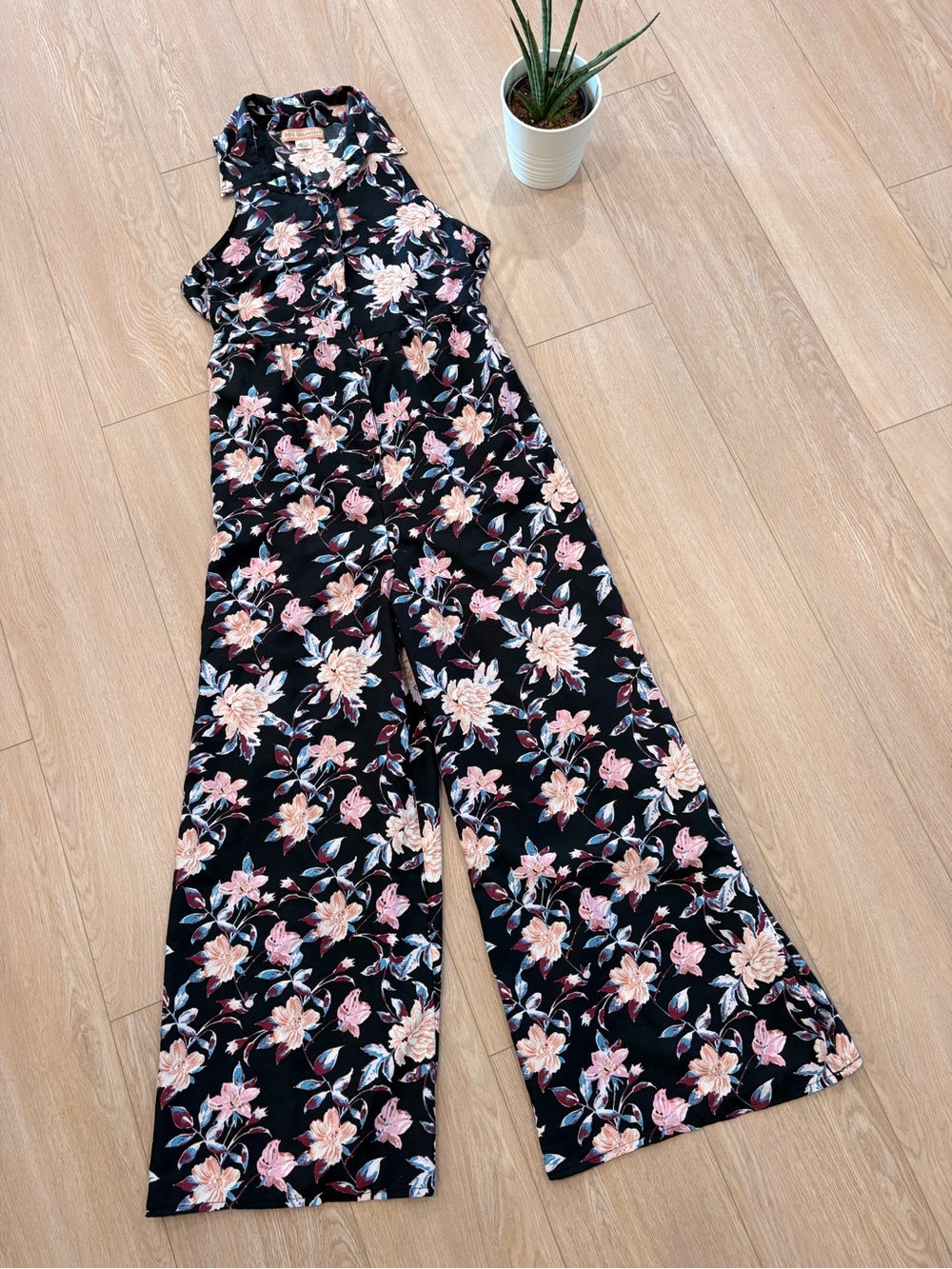 Sleeveless Black Floral Wide-Leg Jumpsuit with Pink Blooms